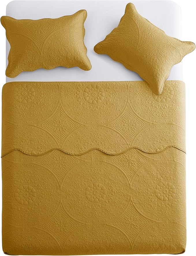 MOONLIGHT20015 Queen Quilt Bedding Set Size (90" x 96") + 2 Pillow Shams (20" x 26"+ 2") - 3 Pcs All Season Lightweight Reversible Embossed Quilt Microfiber Coverlet Floral Bedspread (Ochre)