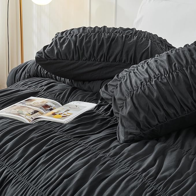 Oversized King Size Comforter Set Bedding - Ruched Black Comforter King Bed Set Boho Shabby Chic Bedding for Bedroom Comforter Fluffy 3 Piece Ruffle Comforter Set with Pillow Bedding Soft and Luxury