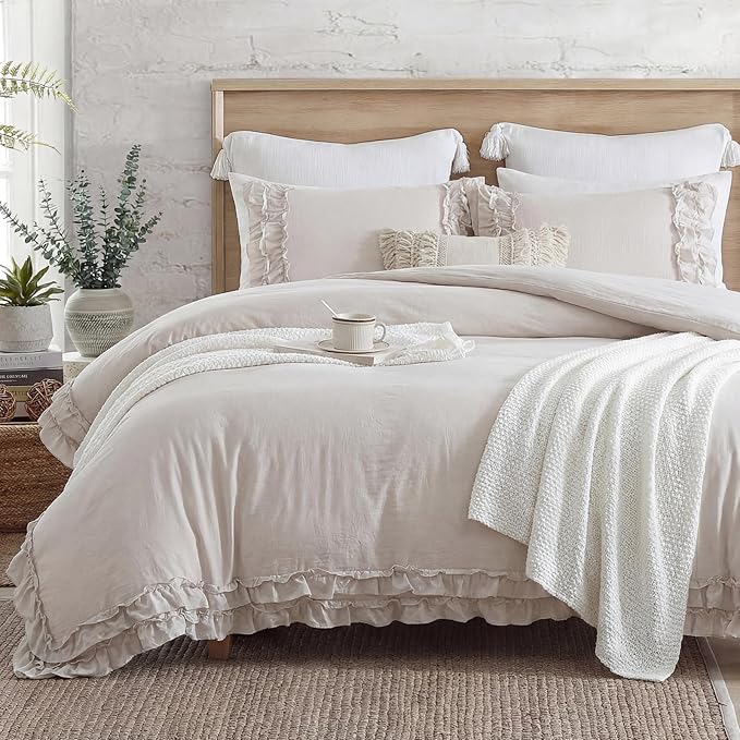 Bedorm Beige Duvet Cover Twin Shabby Chic Bedding Soft Breathable Washed Microfiber Ruffle Duvet Cover Coquette Cute Comforter Cover Girls Women