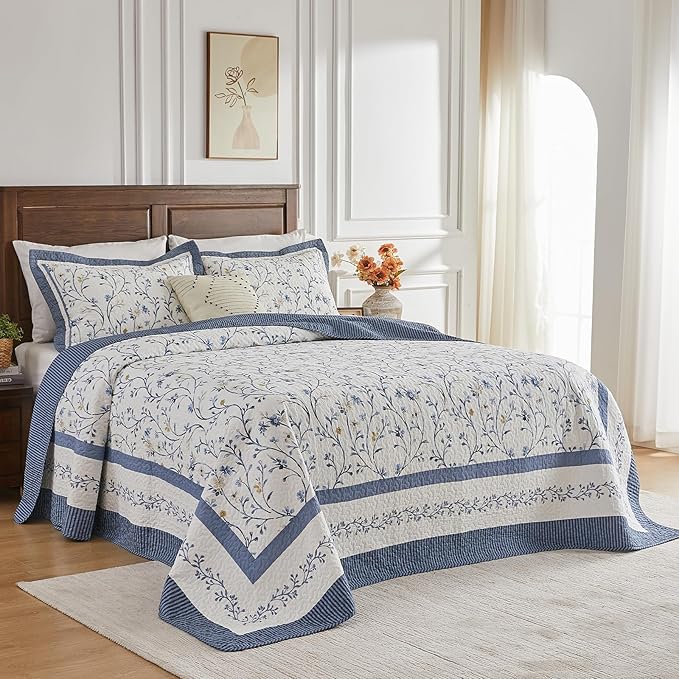 Oversized Queen Bedspread 102"x120" - 100% Cotton Lightweight All-Season Quilted Coverlet with Vine Floral Design - Elegant Farmhouse & Modern Bedding - Oversized Queen Quilt in Blue/White