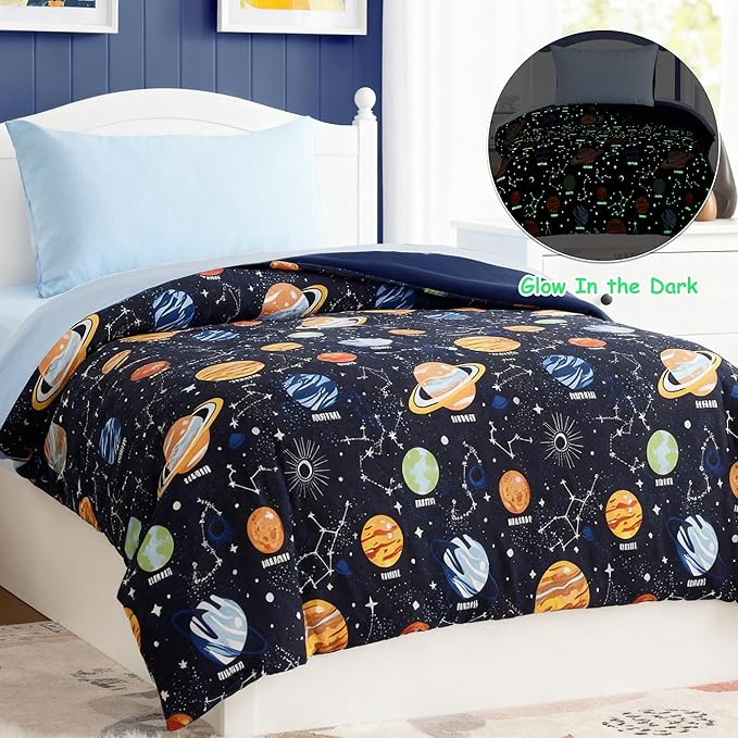 Toddler Bedding Set - 4 Pieces Toddler Comforter Set for Kids Boys,Glow in The Dark Space Bed in A Bag with Sheets