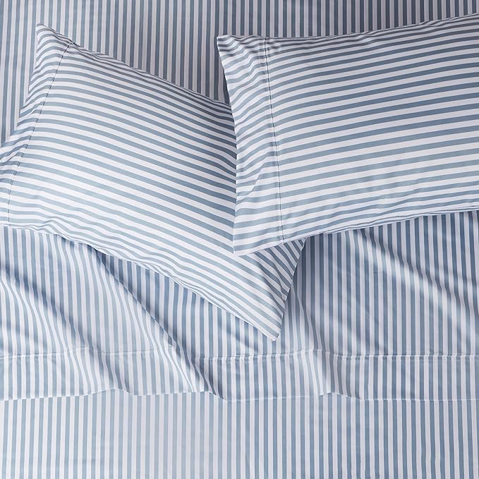 Amazon Basics Lightweight Super Soft Easy Care Microfiber 4 Piece Bed Sheet Set with 14-inch Deep Pockets - Queen,Dusty Blue Pinstripe,Printed,(Pack of 4)
