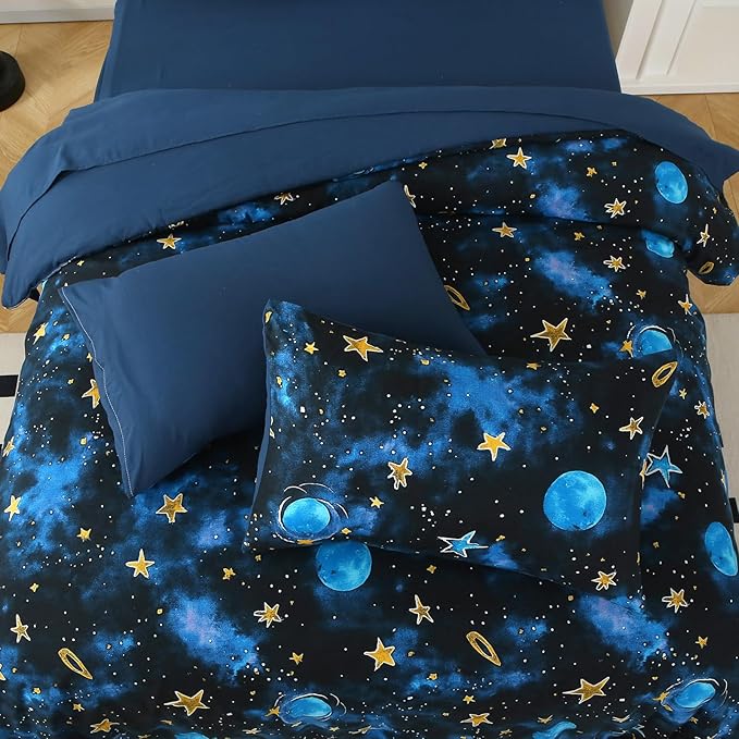 Glow in The Dark Kids Comforter Set, 5 Pieces Blue Space Bedding Set Twin Size for Boys Girls Teen, 1 Comforter, 1 Pillowcase, 1 Pillow Sham, 1 Flat Sheet, 1 Fitted Sheet