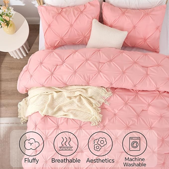 BEDELITE California King Comforter Set - 3 Peices Boho Pintuck Bedding Comforter Sets, Lightweight Soft & Warm Twin Bedding Sets with 2 Pillowcase for All Season