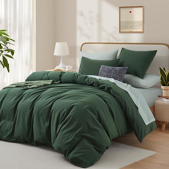 LOVQUE Bedding Duvet Cover Queen Size, 100% Washed Cotton Linen Like Natural Bedding Set with Zipper Closure (No Comforter), 90x90, Forest Green