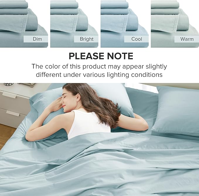 Comfort Spaces 100% Cotton Sheets Twin XL, Breathable, Soft Cotton Sheets, Naturally Cool Cotton Bed Sheets,12" Elastic Pocket Fits up to 14" Mattress, All Season Sheet Set, Twin XL Light Blue 3 Piece