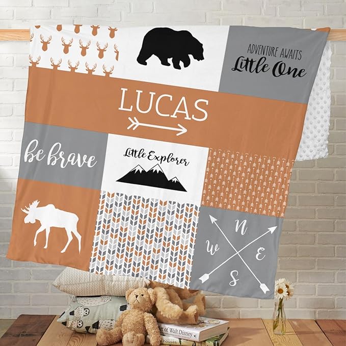Personalized Baby Blanket for Newborn Boys, 35x45in Orange Customized Baby Blanket with Name, Custom Gifts for Newborn Boys Shower Gifts, Essential Baby Items Must Haves, Burnt Orange