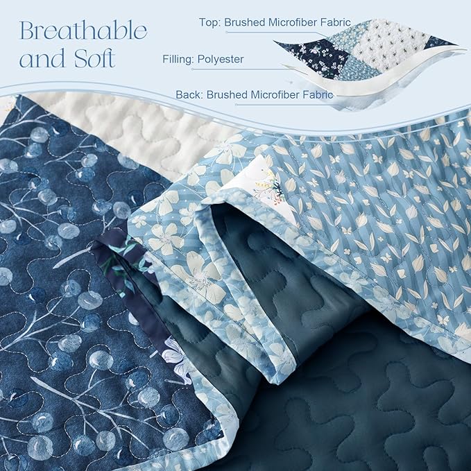 Exclusivo Mezcla Reversible Boho Quilts King Size, Blue Bedspreads Lightweight Coverlet All Season Patchwork Quilt Bedding Set with Printed Floral Pattern (1 Quilt, 2 Pillow Shams)