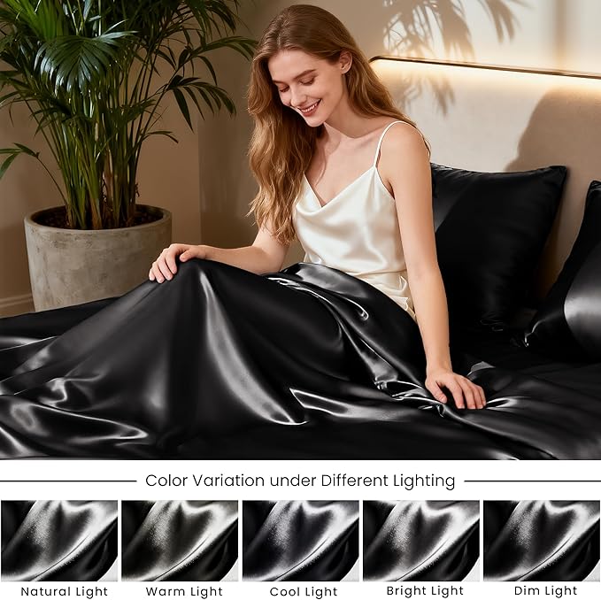 Love's cabin Satin King Sheet Sets - 4 Piece Black Silky Sheets King Size Bed Set with Deep Pocket, Luxury Silk Feel King Size Satin Sheet Set (1 Flat Sheet,1 Fitted Sheet,2 Pillow Cases)