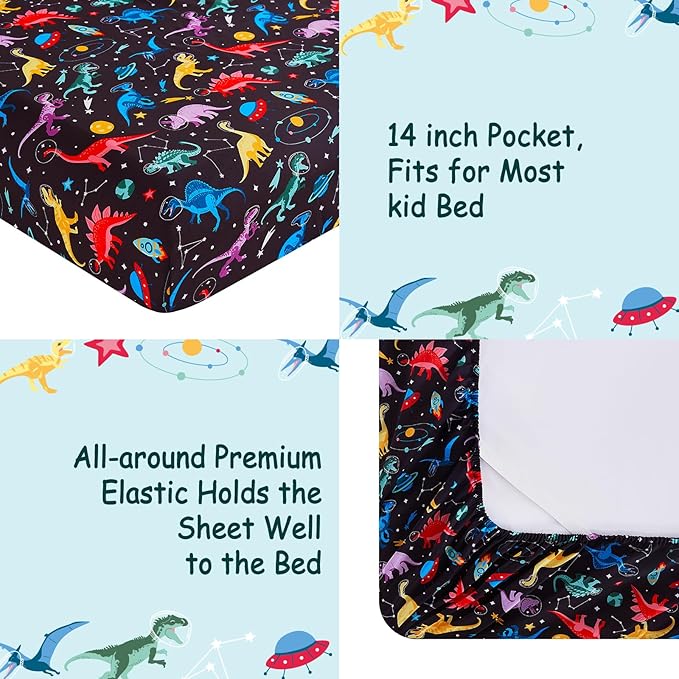 Kids Sheet Set Twin Size, Twin Sheet Set with Space Dinosaur Pattern，Breathable Silky Soft Microfiber Kids Fitted Sheet