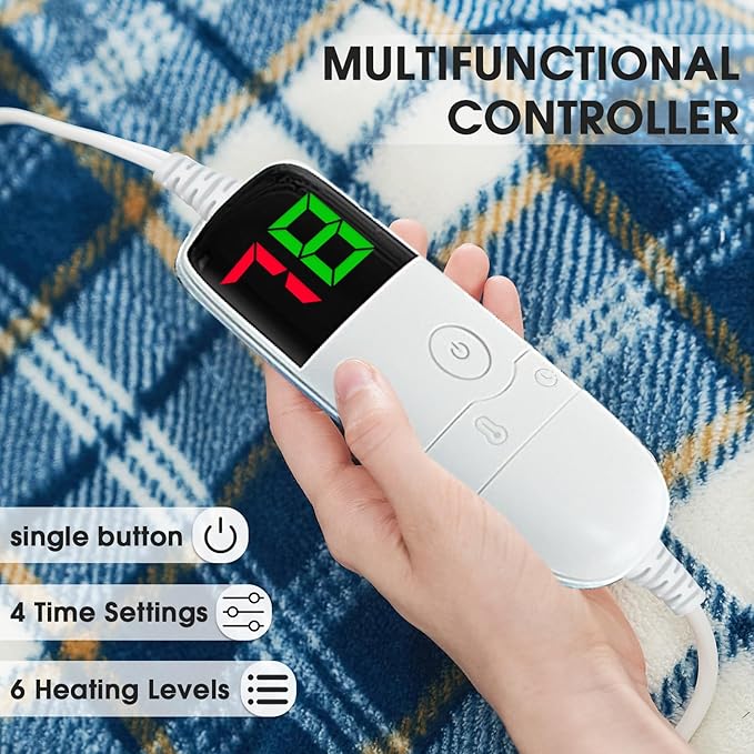 Blue Heated Blanket Electric Throw 50X60 Heating Throw with 10 Levels 8 Hours Auto Off, Plaid Sherpa Blanket Winter Warmer, Christmas Housewarming Gifts for Women Mom, Home Decor for Couch Bed Office