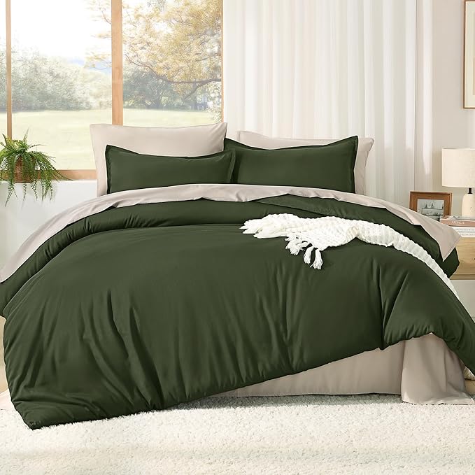 Litanika Comforter Queen Size Set Olive - 7 Pieces Bed in a Bag Queen Beddding Comforter Sets, Plain Lightweight Bed Set with Comforter, Sheets, Pillowcases & Shams