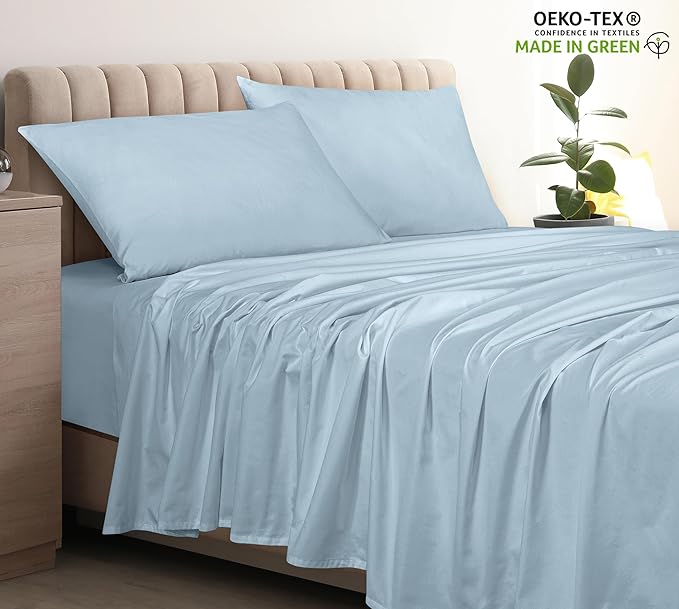Royale Linen 400 Thread Count 100% American Grown Cotton Flat Sheet - Cooling Sheets - Twin Sheets - Luxury Sateen Weave - Twin Flat Sheet Sold Separately - Blue Flat Sheet Only (Twin, Caribbean Blue)