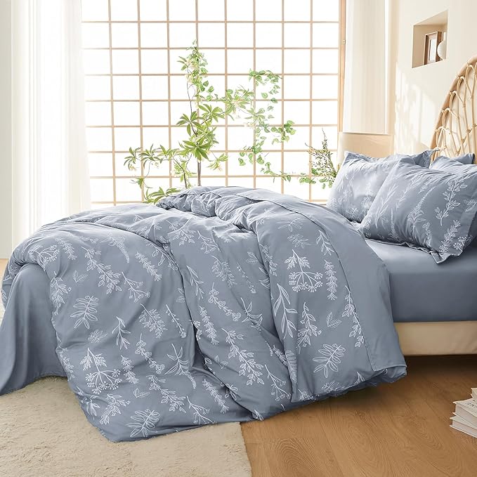 MUXHOMO Duvet Cover King Size, Reversible Floral Grey Duvet Cover Set with Zipper Closure, 3 Pieces Botanical Patterns Soft Microfiber Bedding Set (90"x104", 2 Pillow Cases 20"×36")