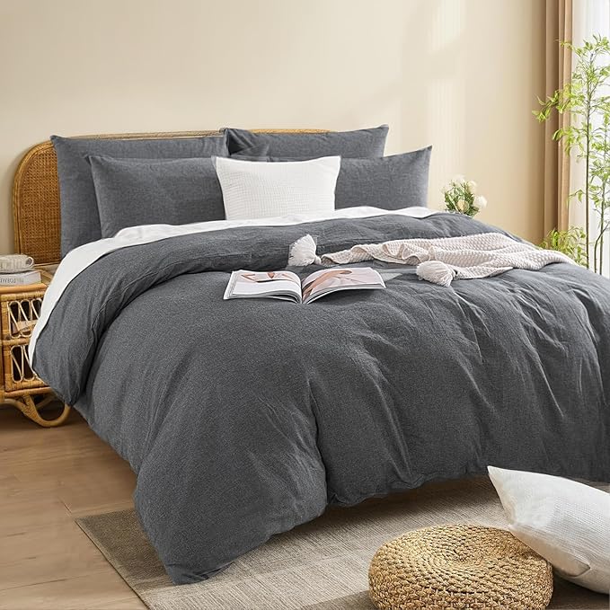NEXHOME PRO Duvet Cover King 100% Washed Cotton, Organic Natural Linen Like Textured Breathable Durable Bedding Set Heather Black 10490
