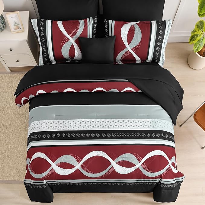 Burgundy Comforter Set Full Size,8 Pieces Striped Bed in a Bag,Patchwork Comforter with Sheets Set Soft Microfiber Boho Bedding Sets(78"×90")