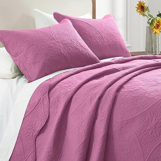 IR Imperial Rooms California King Quilt Bedding Set Size (118"x106") + 2 Pillow Shams (20" x 36"+ 2") - 3 Pcs All Season Reversible Microfiber Coverlet Embossed Floral Quilt Bedspread (Purple)