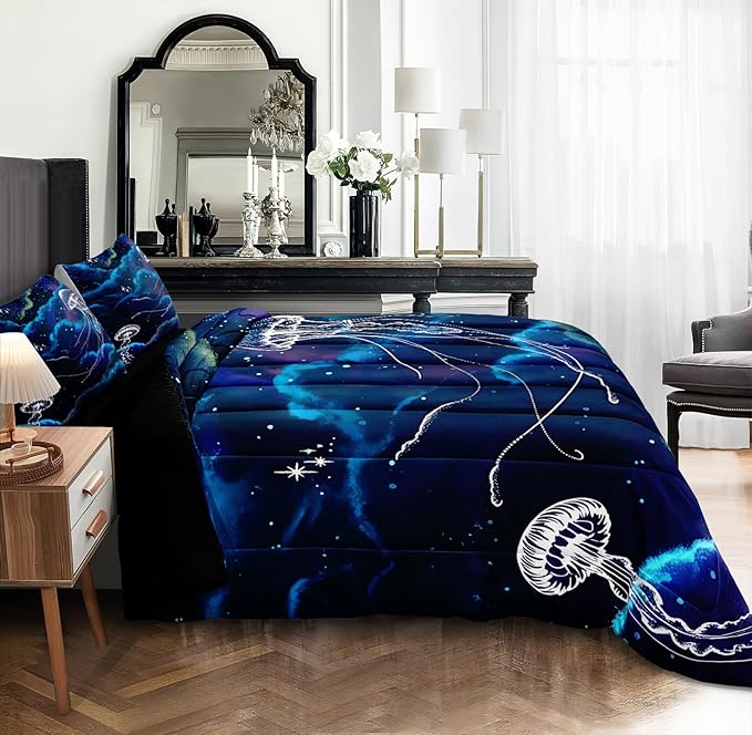 Bedbay Blue Galaxy Bedding Comforter Set Queen Size,Jellyfish Print Ocean Theme Bedding Set,Soft Microfiber Starry Sky Stars Boys Girls Bedroom Quilted Comforter 4 Pieces for All Seasons