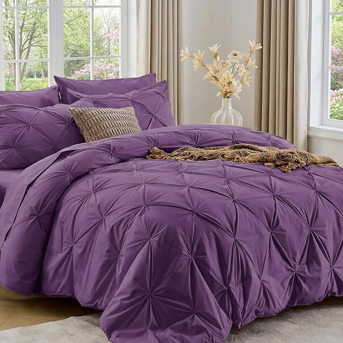 Sasttie Twin Comforter Set, 5-Piece Bed in a Bag, Pintuck Bedding Sets for All Season, Includes Comforter, Flat Sheet, Fitted Sheet, Pillowcase and Pillowsham, Grape Purple