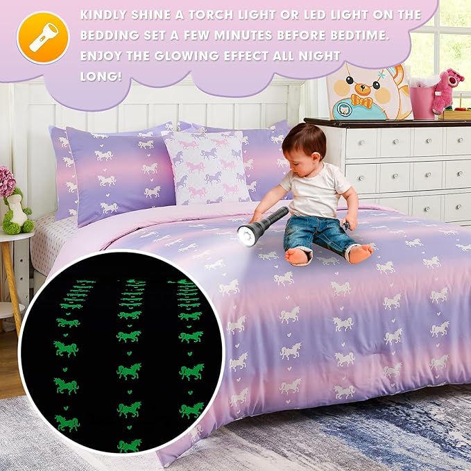 Cokouchyi Twin Comforter Sets for Boys Girls, Unicorn Glow in The Dark Kids Bedding Sets, 5 Pcs Twin Bed in a Bag with Comforter, Sheets, Pillow Sham, Cushion Cover, Unicorn