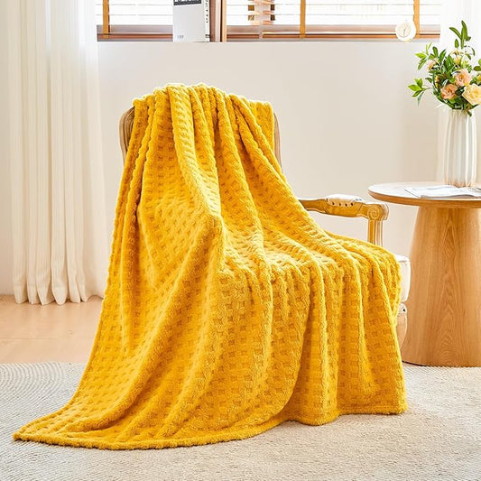 NEWCOSPLAY Super Soft Twin Blanket Yellow Premium Silky Flannel Fleece 3D Waffle Checkered Lightweight Bed Blanket All Season Use (Mustard Yellow, Twin(60"x80"))
