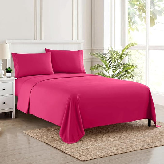 Twin XL Size Sheet Set with Built-in Sheet Straps - Deep Pocket Fitted Sheet, Flat Sheet & Pillowcases - Soft, Wrinkle-Free, Secure Fit - Fuschia