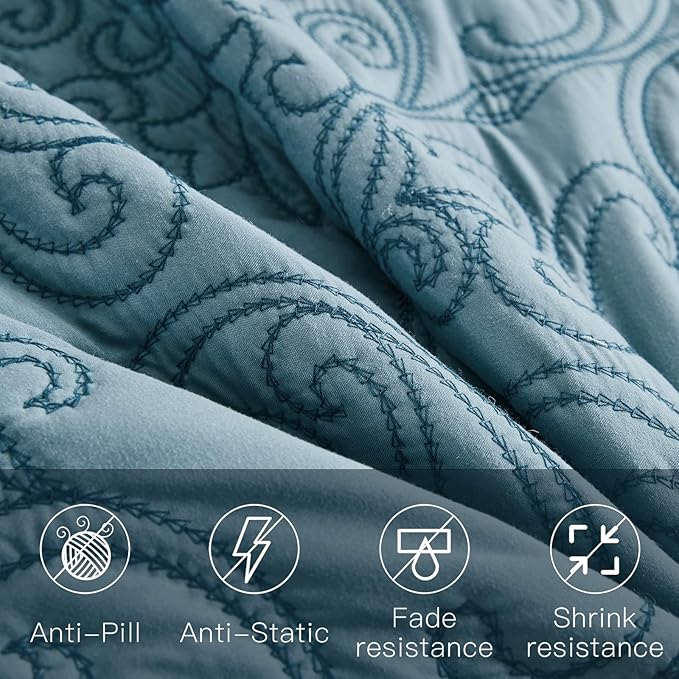CHIXIN Bedspread Coverlet Quilt Set Full Size - Lightweight Bedding Cover - Beautiful Stitching - 5 Piece Reversible Bedspread - Luxury Damask Paisley Pattern (Full, Lagoon)