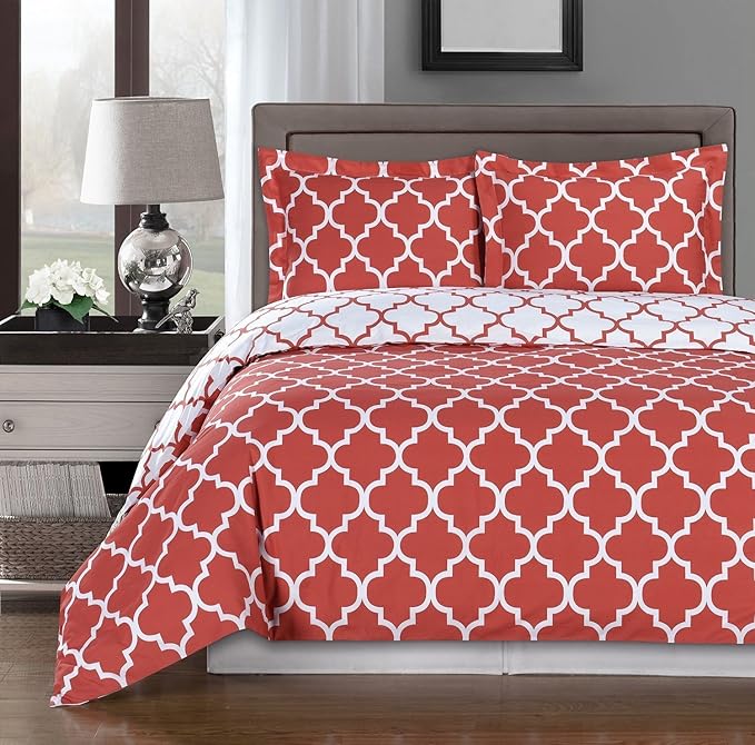 Royal Hotel Bedding Coral and White Meridian 4 Piece Full/Queen Comforter Set 100% Cotton 300 Thread Count