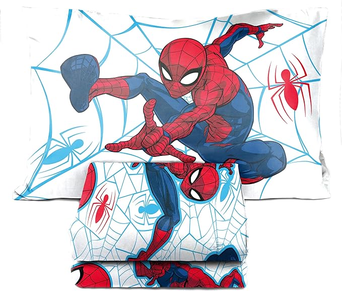 Jay Franco Marvel Spiderman Webtastic 4 Piece Toddler Size Bed Set – Super Soft Microfiber Bed Set Includes Toddler Size Reversible Comforter & Sheet Set Bedding (Official Marvel Product)