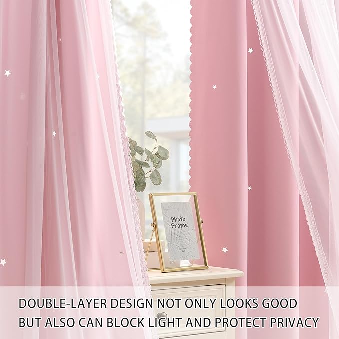 XiDi Light Pink Blackout Curtains for Girls Bedroom Living Room 63 Inches Long 2 Panels Hollow Star Nursery Kids Thermal Insulated Room Darkening Drapes Grommet Noise Reducing Window Curtains 34x63