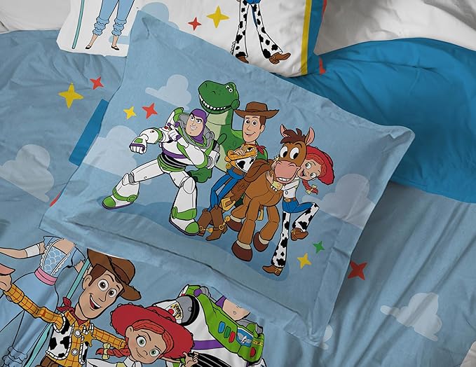 Jay Franco Kids Comforter Set Includes Sheets and Pillow Cover - Soft and Cozy Bed Set for Stylish Room Decor, Blue - Toy Story, 7 Piece Full