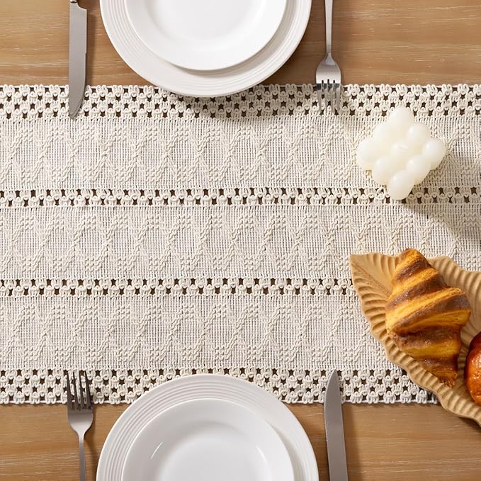 Socomi Boho Table Runner Macrame Easter Spring Farmhouse Woven Cotton Linen Rustic Coffee Table Runner with Tassels for Dresser Scarf Home Decor Dining Room 12x90 inch Beige