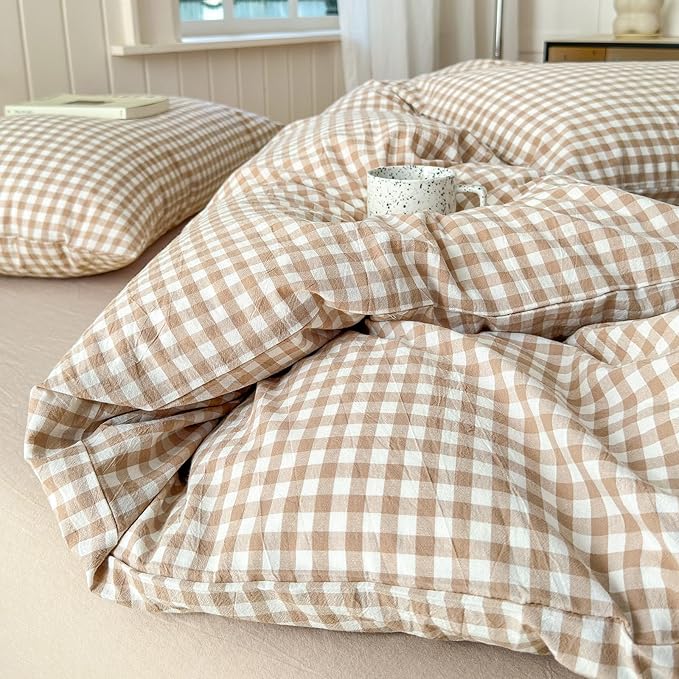 LifeTB Tan Gingham Comforter Set Twin XL Modern Style Beige Plaid Comforter Set 3 Pieces Soft Fluffy Grid Checkered Pattern Comforter with 2 Pillowcases Farmhouse Gingham Bedding Set Twin XL