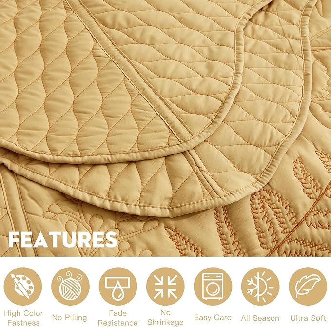 Botanical Bedspread Full Size - Leaves Pattern Stitching Quilt Set - Elegant & Fresh Style Bedding Coverlets, Reversible, Lightweight, 5 Piece, Honey Gold
