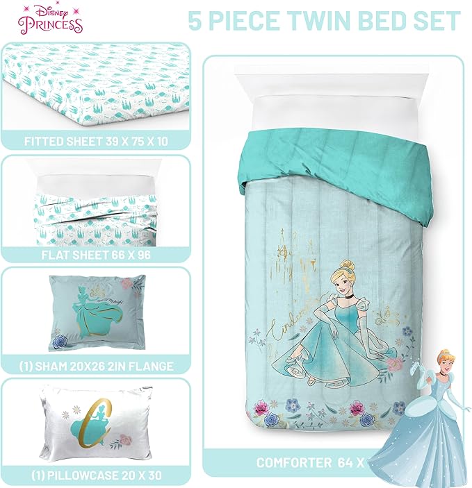 Jay Franco Kids Comforter Set Includes Sheets and Pillow Covers - Soft and Cozy Bed Set for Stylish Room Decor, Official Licensed Bedding, Blue - Princess Cinderella, 5 Piece Twin