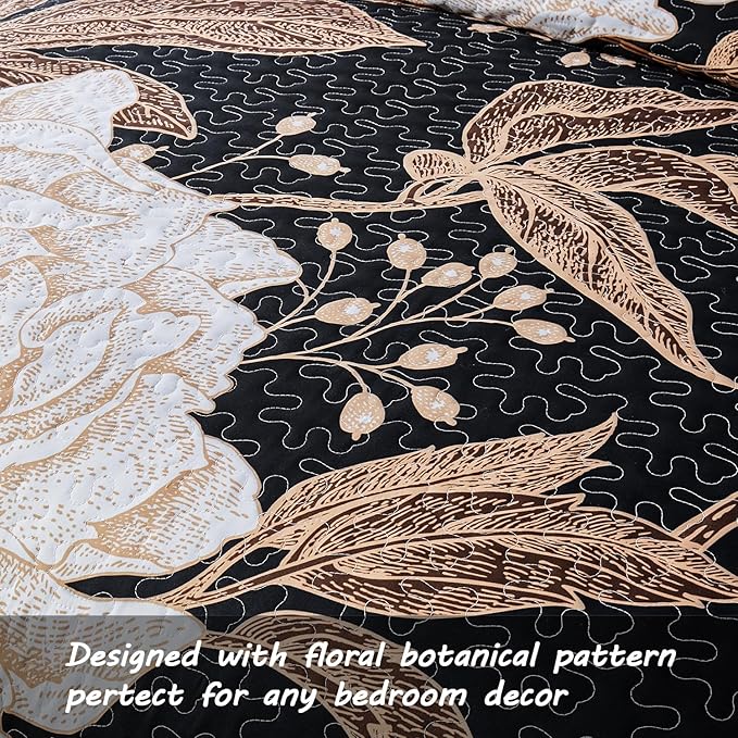 Yogeneg Full Queen Size Quilt Set,White Gold Floral Botanical Pattern Black Bedding Set,3 Piece Lightweight Soft Summer Bedspread Coverlet with 2 PIillow Sham for All Season(Black Floral,90"x96")