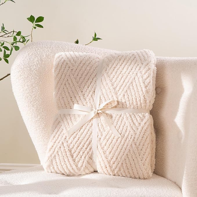 Battilo White Diamond Knit Throw Blanket for Couch and Bed, Ivory Soft Textured Chenille Blanket, Cozy Lightweight Decorative Blanket for Sofa, 50"x60"