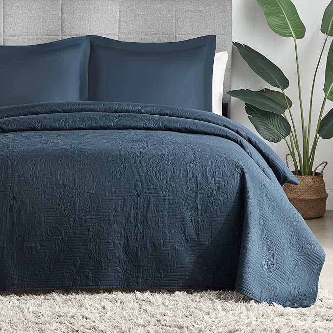 Hansleep Navy Quilt Twin Size - Damask Ultrasonic All Season Bedspread Twin, Soft Lightweight Coverlet Bedding Set, 2 Pieces (1 Quilt, 1 Pillow Sham)