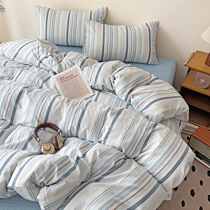 VM VOUGEMARKET Blue Striped Duvet Cover Set King 100% Washed Cotton Linen Like Textured Breathable Durable Soft Comfy Bedding Set - King 104"x90"