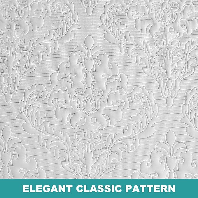Hansleep White Quilt Queen Size - Damask Ultrasonic Summer Bedspread Queen, Soft Lightweight Coverlet Bedding Set, 3 Pieces (1 Quilt, 2 Pillow Shams)