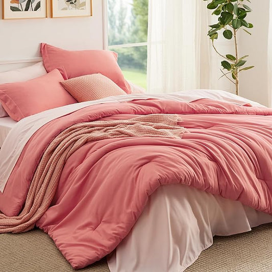 Bedsure Queen Comforter Set - 7 Pieces Coral Queen Bedding Set for All Seasons, Boho Contrasting Design Bed in a Bag with Comforter, Sheets, Pillowcases & Shams