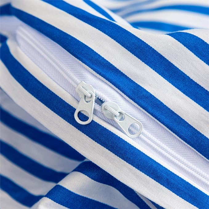 JELLYMONI 100% Natural Cotton 3pcs Striped Duvet Cover Sets,White Duvet Cover with Blue Stripes Pattern Printed Comforter Cover,with Zipper Closure & Corner Ties(Queen Size)