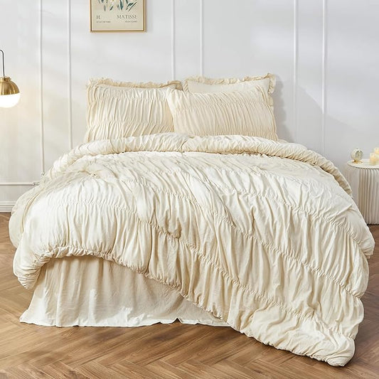 Bonlino Queen Comforter Set - Ruched Comforter Queen Size Bed Set Boho Shabby Chic Bedding for Bedroom Comforter Fluffy 3 Piece Ruffle Comforter Set with Pillow White Bedding Soft