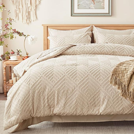 Zzlpp Full Comforter Set 7 Pieces, Beige Tufted Bed in a Bag with Comforter and Sheets, All Season Boho Bedding Sets with 1 Comforter, 2 Pillow Shams, 2 Pillowcases, 1 Flat Sheet, 1 Fitted Sheet