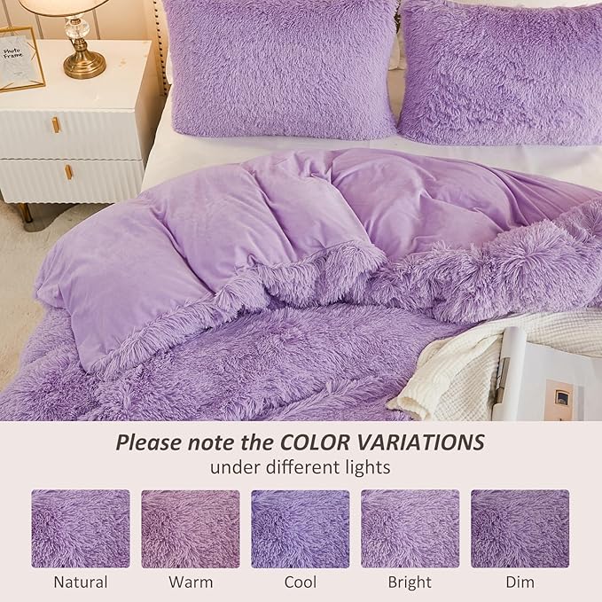 EMME Luxury Purple Fuzzy Duvet Cover Set King Size 3 Pieces Fluffy Comforter Cover Set for King Bed Shaggy and Plush Soft Bedding Duvet Covers (Purple, King)
