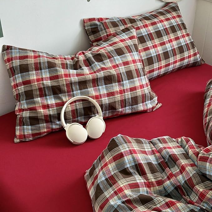 LifeTB Vintage Buffalo Plaid Comforter Set Twin XL, 3 Pieces Red Brown Grid Checkered Comforter with 2 Pillowcases, Breathable Soft Farmhouse Grid Pattern Printed Plaid Gingham Bedding Comforter Set