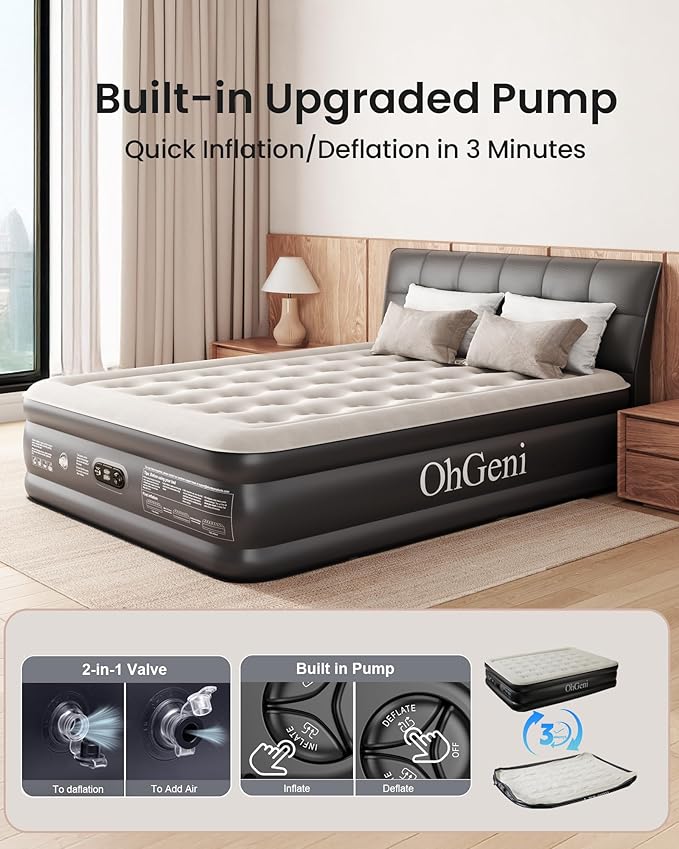 OhGeni Queen Air Mattress with Built in Pump, Inflatable Mattress Blow Up Mattress 18 Raised Comfort,Upgraded Surface Portable Bed, Air Bed for Home, Guest, Camping, Colchone Inflable, 650 lbs