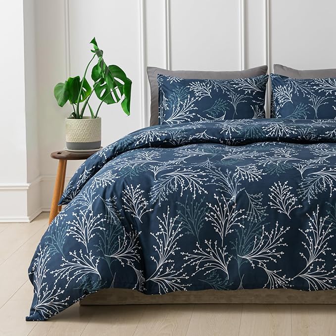 Lekesky Reversible Duvet Cover King Size, Navy Blue White Branch Comforter Cover King 3pcs Microfiber Botanical Bedding Set with Zipper Closure Corner Ties