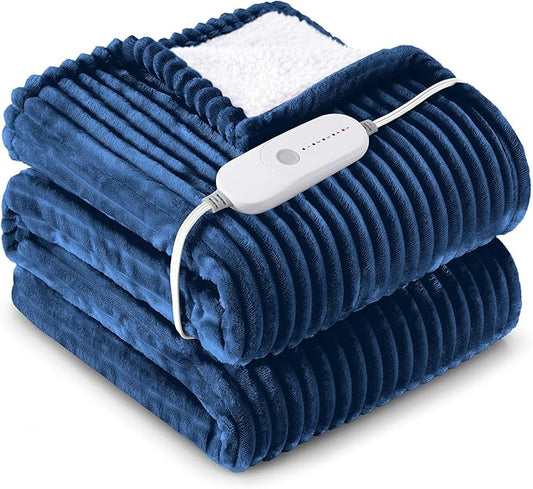 HYLEORY Heated Blanket Electric Twin, Soft Flannel Sherpa Heater 5 Heat Settings and 10 Hours Auto Shut-Off Heating Blanket ETL Certification Over-Heat Protection Machine Washable,Navy Blue