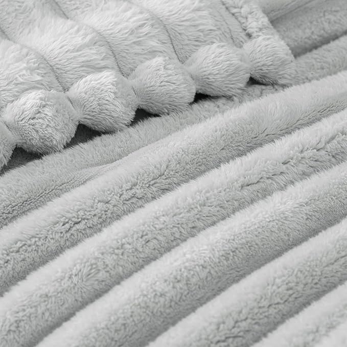 Exclusivo Mezcla Queen Size Flannel Fleece Blanket, Super Soft Striped Jacquard Bed Blanket, Lightweight Fuzzy Cozy for All Seasons, 90x90 Inches, Light Grey